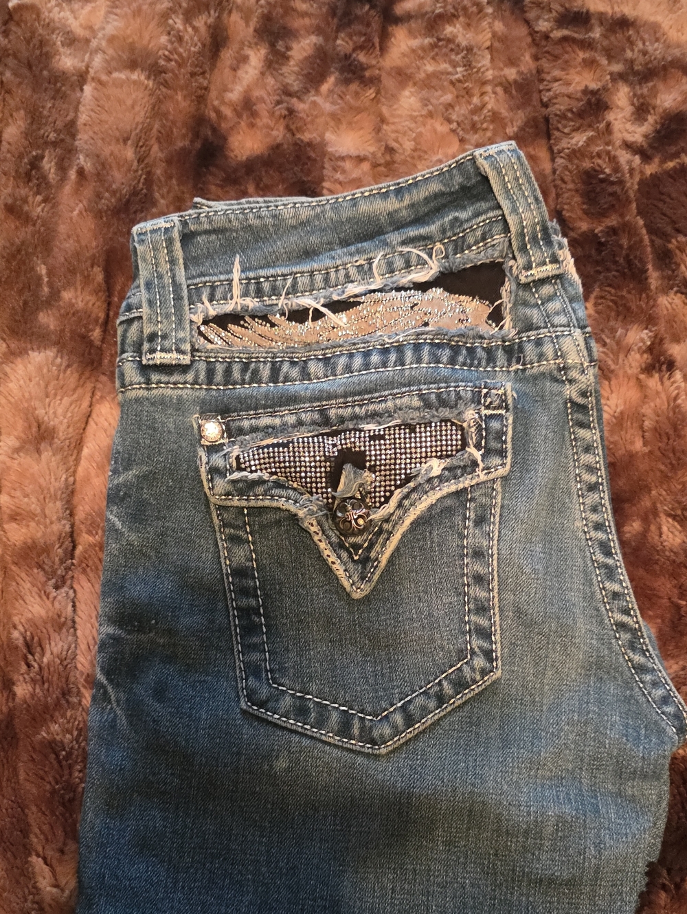 Miss Me Blue Distressed Pocket Jeans with Rhinestone Accents